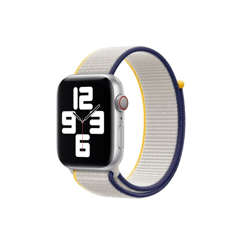 Fashion, accesorii si bijuterii - Barbati - Bijuterii barbati - Ceasuri barbati - Curea pentru Apple Watch, 38-40mm, Bibilel Textil, Alb cu Galben si Bleumarin, SUN-BBL4195 - Infinity.ro