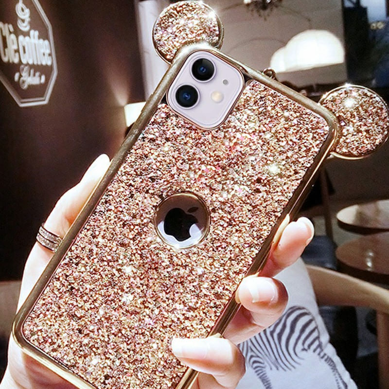 Laptop, Telefoane si Tablete - Telefoane mobile si accesorii - Accesorii Telefoane - Huse telefoane - Husa de protectie cu urechi Mickey Mouse, iPhone 11, TPU moale, sclipici, bumper, carcasa spate, flexibila, roz auriu - Infinity.ro