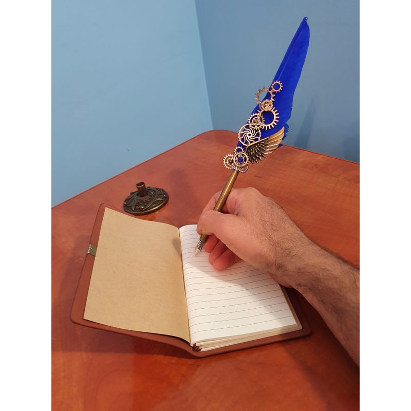 Market - Cadouri - Pachete si cosuri cadou - Set stilou vintage cu pana, 7 in 1, agenda piele, suport stilou, calimara, stampila si ceara aurie, 5 rezerve,sacosa si felicitare - Infinity.ro