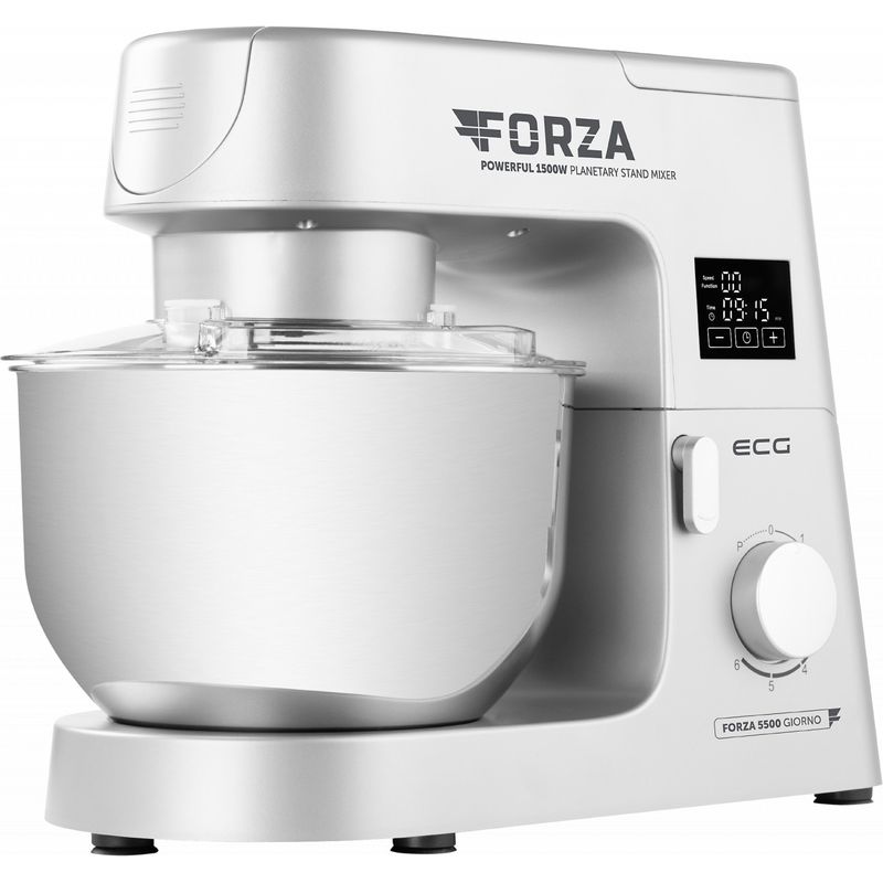 Electronice si Electrocasnice - Electrocasnice bucatarie - Mixere, tocatoare & roboti de bucatarie - Roboti de bucatarie - Robot de bucatarie ECG FORZA 5500 Giorno Argento, 1500 W, 6, 5 litri, LCD, sistem de amestecare planetar - Infinity.ro