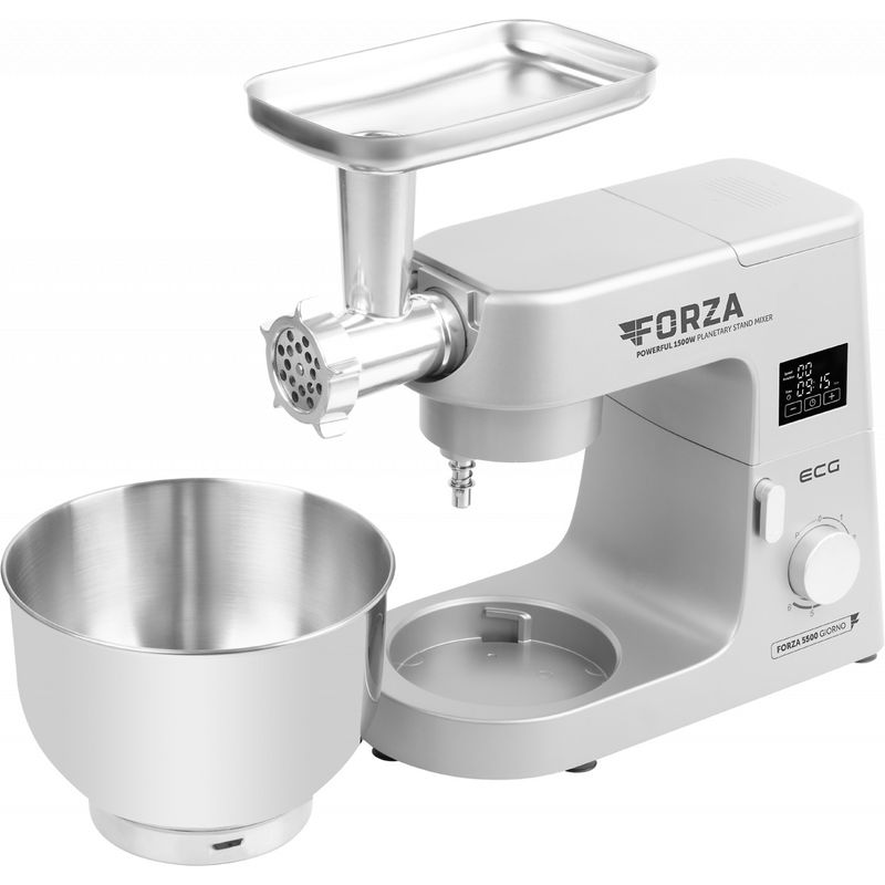 Electronice si Electrocasnice - Electrocasnice bucatarie - Mixere, tocatoare & roboti de bucatarie - Roboti de bucatarie - Robot de bucatarie ECG FORZA 5500 Giorno Argento, 1500 W, 6, 5 litri, LCD, sistem de amestecare planetar - Infinity.ro