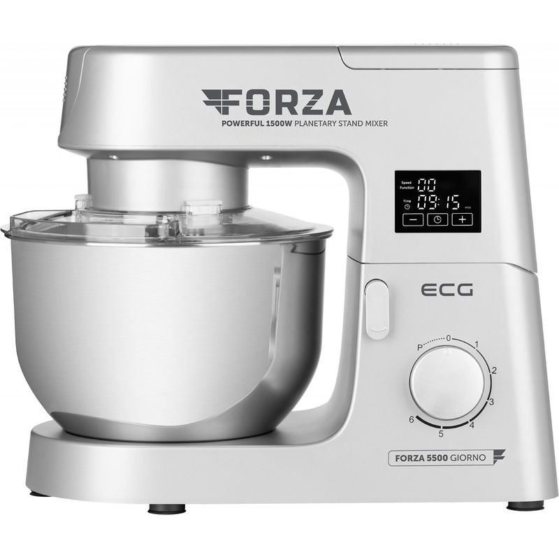 Electronice si Electrocasnice - Electrocasnice bucatarie - Mixere, tocatoare & roboti de bucatarie - Roboti de bucatarie - Robot de bucatarie ECG FORZA 5500 Giorno Argento, 1500 W, 6, 5 litri, LCD, sistem de amestecare planetar - Infinity.ro