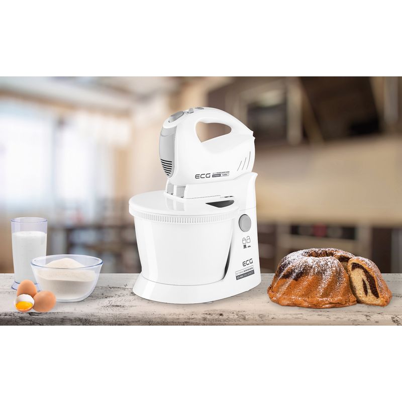 Electronice si Electrocasnice - Electrocasnice bucatarie - Mixere, tocatoare & roboti de bucatarie - Mixere - Mixer de mana cu bol rotativ ECG RSM 4052, 400 W, 3.5 L, 5 viteze, functie Turbo, alb - Infinity.ro