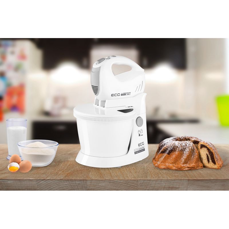 Electronice si Electrocasnice - Electrocasnice bucatarie - Mixere, tocatoare & roboti de bucatarie - Mixere - Mixer de mana cu bol rotativ ECG RSM 4052, 400 W, 3.5 L, 5 viteze, functie Turbo, alb - Infinity.ro