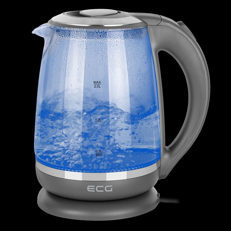 Casa si Gradina - Bucatarie si vesela - Vase pentru gatit - Ibrice - Cana electrica fierbator din sticla ECG RK 2020 gri, 2 L, 2200 W, lumina albastra de fundal - Infinity.ro