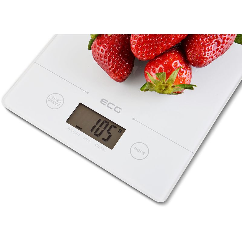 Electronice si Electrocasnice - Electrocasnice bucatarie - Mixere, tocatoare & roboti de bucatarie - Cantare de bucatarie - Cantar de bucatarie ECG KV 117 SLIM, alb, 5 kg, precizie 1g, TARA, afisaj LCD, sticla securizata 3mm - Infinity.ro