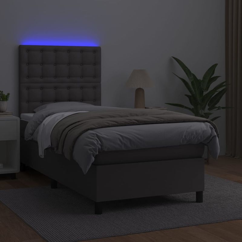 Casa si Gradina - Mobilier - Paturi si accesorii - Paturi - Pat cu arcuri, cu saltea si LED, gri, 100x200 cm, piele eco - Infinity.ro