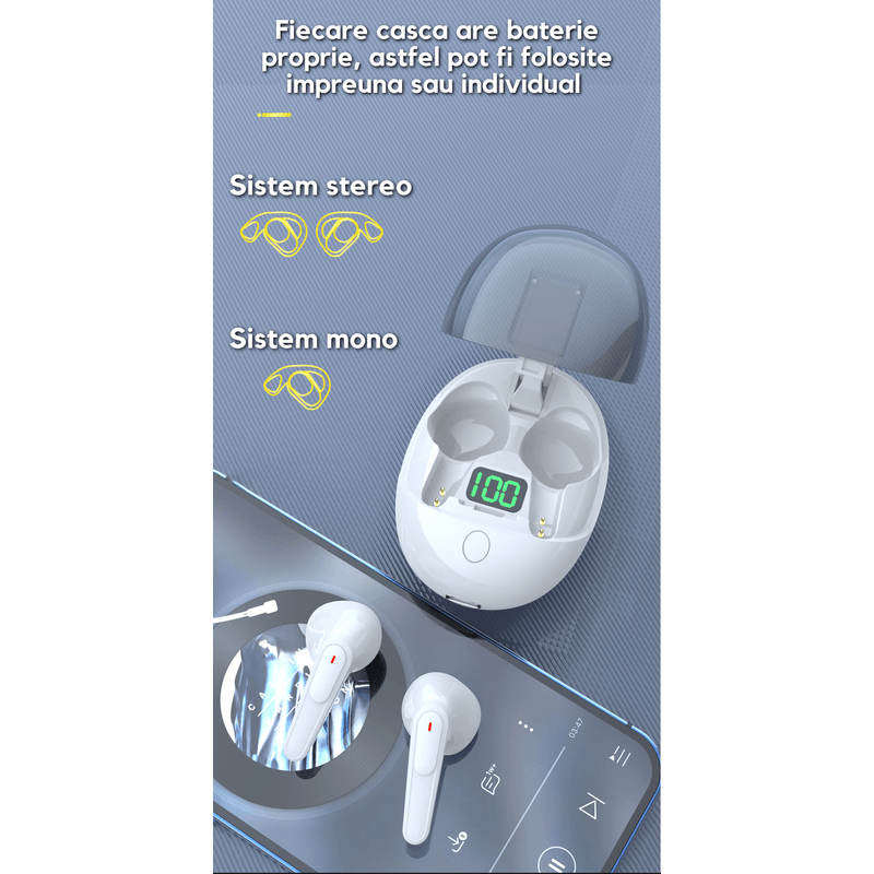 TV, Audio-Video si Foto - Portabile audio - Casti audio - Casti Wireless Audio Pro One, Bluetooth 5.3, TWS, Control Atingere, Noise Cancelling, Compatibile Android/iOS Gaming Alb - Infinity.ro