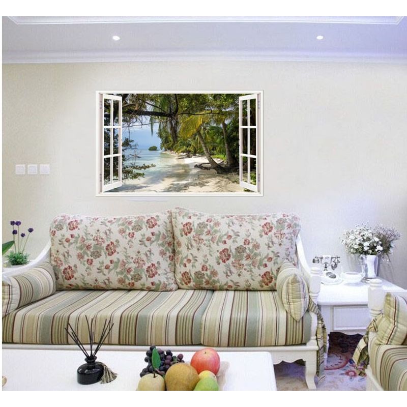 Casa si Gradina - Decoratiuni - Stickere decorative - Sticker decorativ, Fereastra 3D, Plaja, Caraibe, 85 cm, 588STK - Infinity.ro