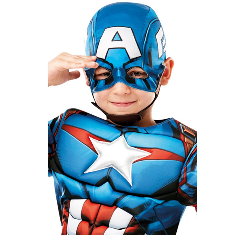 Jucarii, Copii si Bebe - Jucarii si jocuri - Jucarii de rol - Masti si costume copii - Costum Captain America Deluxe cu muschi pentru baieti 7-8 ani 128 cm - Infinity.ro