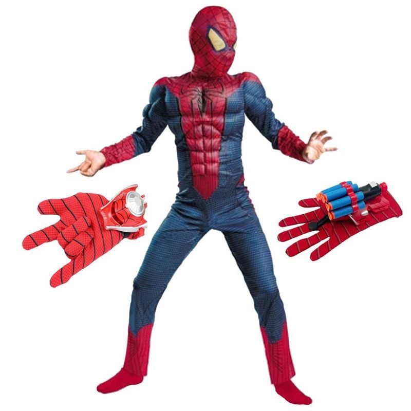 Jucarii, Copii si Bebe - Jucarii si jocuri - Jucarii de rol - Masti si costume copii - Costum Spiderman cu muschi Infinity War pentru copii si doua lansatoare pentru baiat 110 - 120 cm 5-7 ani - Infinity.ro