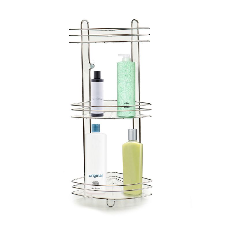 Casa si Gradina - Mobilier - Mobilier baie - Etajere baie - Etajera de colt pentru dus, trei  rafturi, montaj ventuze, Metal cromat si plastic, argintiu - Infinity.ro
