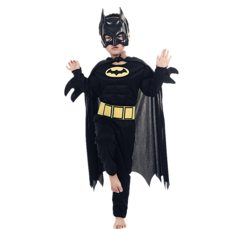 Jucarii, Copii si Bebe - Jucarii si jocuri - Jucarii de rol - Masti si costume copii - Set costum clasic Batman cu muschi si masca plastic pentru baieti, negru 128 - 140 cm 7-9 ani - Infinity.ro
