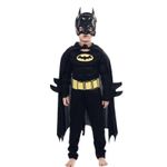 Jucarii, Copii si Bebe - Jucarii si jocuri - Jucarii de rol - Masti si costume copii - Set costum clasic Batman cu muschi si masca plastic pentru baieti, negru 128 - 140 cm 7-9 ani - Infinity.ro