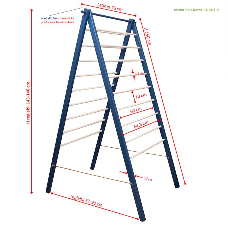 Casa si Gradina - Mobilier - Organizare si depozitare - Umerase si valeti - Uscator rufe din lemn ECHELLE 18, pliabil, H145 x 76 cm - albastru-alb - Infinity.ro