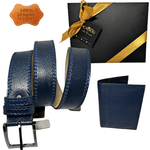 Market/Cadouri/Pachete si cosuri cadou - Set cadou barbati 100% piele, Portofel si Curea de pantaloni, culoare bleomarin cu striatii, F-2106-4 - Infinity.ro