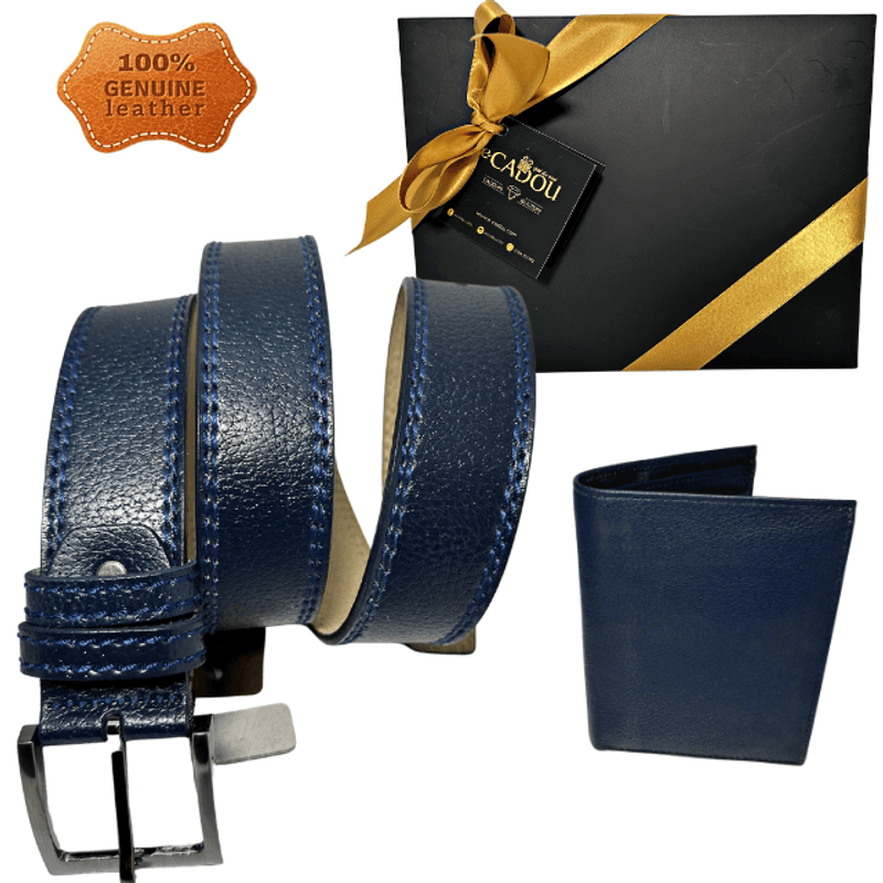 Market/Cadouri/Pachete si cosuri cadou - Set cadou barbati 100% piele, Portofel si Curea de pantaloni, culoare bleomarin cu striatii, F-2106-4 - Infinity.ro