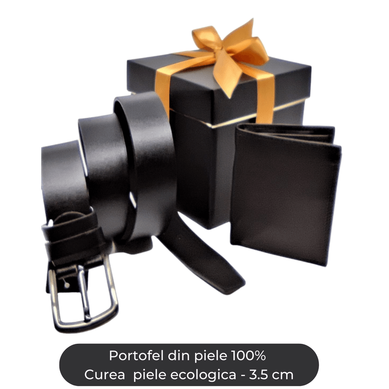 Market - Cadouri - Pachete si cosuri cadou - Set cadou Portofel piele si Curea piele ecologica de barbati neagra,PB-LY1113, latime curea 3.5cm - Infinity.ro