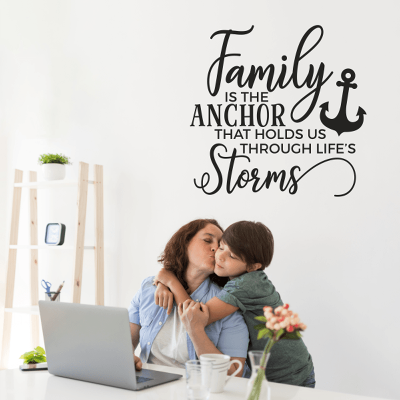 Casa si Gradina - Decoratiuni - Stickere decorative - Sticker perete, Family is the anchor that holds us through life's Storms, Priti Global, mesaj pentru familie, ancora, negru, 57 x 59 - Infinity.ro