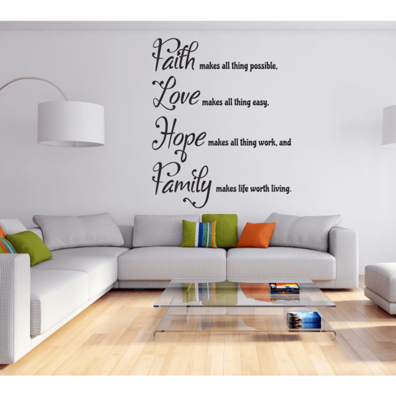 Casa si Gradina - Decoratiuni - Stickere decorative - Sticker perete dormitor, Priti Global, cu mesaj pentru familie, Faith, Love, Hope, Family, negru, 57 x 70 - Infinity.ro