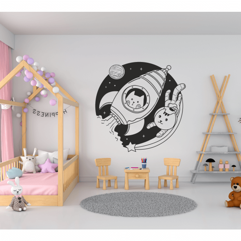 Casa si Gradina - Decoratiuni - Stickere decorative - Sticker decorativ, autocolant perete copii, nava spatiala cu pisici, negru, 98 x 97 - Infinity.ro