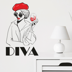 Casa si Gradina - Decoratiuni - Stickere decorative - Sticker decorativ pentru salon de infrumusetare, perete, Diva cu buze rosii, basca si pahar de vin, negru-rosu, 57 x 93 - Infinity.ro