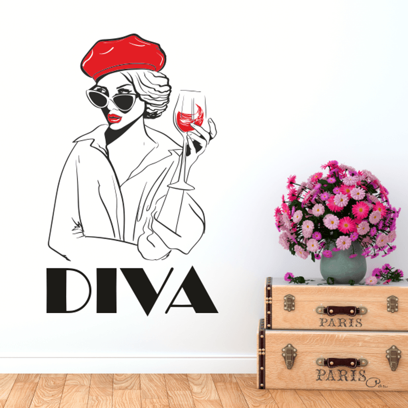 Casa si Gradina - Decoratiuni - Stickere decorative - Sticker decorativ pentru salon de infrumusetare, perete, Diva cu buze rosii, basca si pahar de vin, negru-rosu, 57 x 93 - Infinity.ro