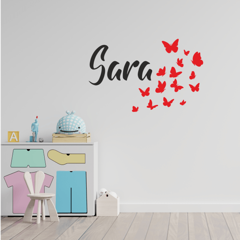 Casa si Gradina - Decoratiuni - Stickere decorative - Sticker pentru camera copilului cu fluturasi care zbor, Priti Global, personalizabil cu numele copilului, negru-rosu, 57 x 88 - Infinity.ro