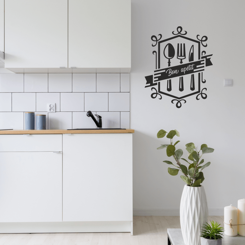 Casa si Gradina - Decoratiuni - Stickere decorative - Sticker bon apetit, decorativ, pentru perete, bucatarie, negru, 50 x 40 - Infinity.ro