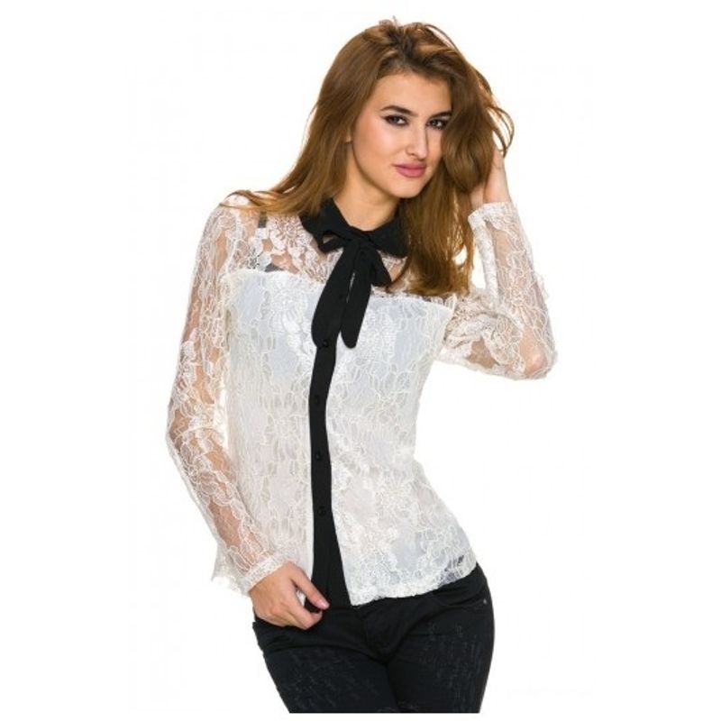 Fashion, accesorii si bijuterii - Femei - Imbracaminte femei - Camasi si bluze femei - Bluza dama, model camasa, din dantela cu guleras, Alba, marime L/XL - Infinity.ro