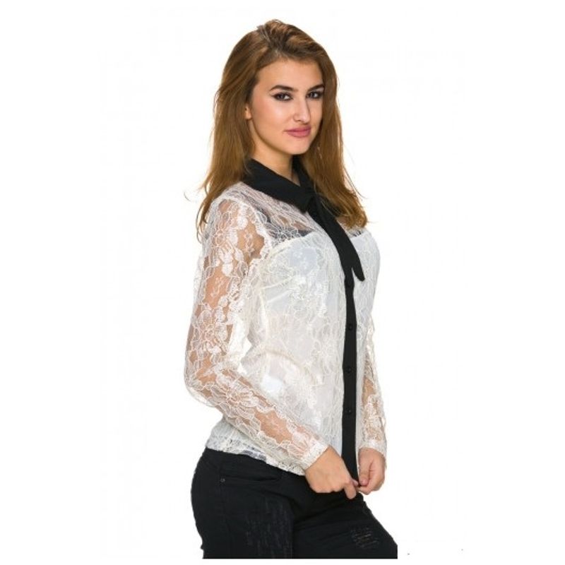 Fashion, accesorii si bijuterii - Femei - Imbracaminte femei - Camasi si bluze femei - Bluza dama, model camasa, din dantela cu guleras, Alba, marime L/XL - Infinity.ro