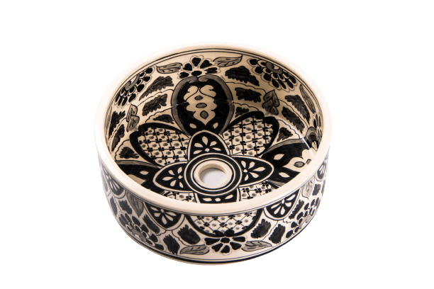 Lavoar rotund Rami, negru cu alb, din ceramica pictat manual, montaj pe blat 35 x 35 x 13 cm