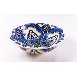 Lavoar rotund Maya, albastru cu alb, din ceramica pictat manual, montaj pe blat sau incastrat 43 x 43 x 14 cm