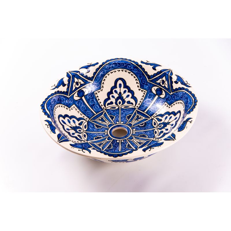 Casa si Gradina - Sanitare - Lavoar baie si accesorii - Lavoare si piedestale - Lavoar rotund Maya, albastru cu alb, din ceramica pictat manual, montaj pe blat sau incastrat 43 x 43 x 14 cm - Infinity.ro