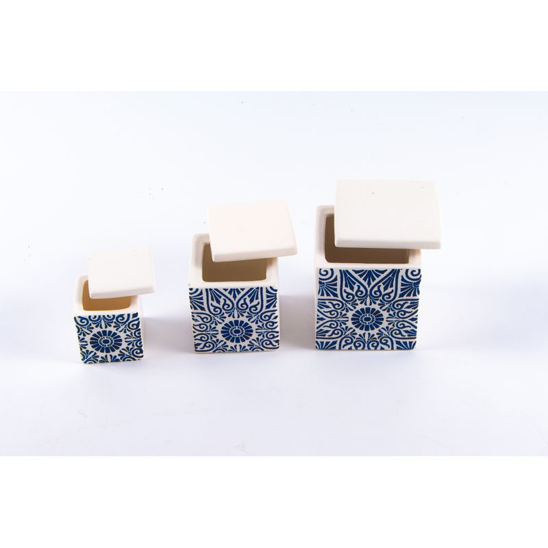 Casa si Gradina - Bucatarie si vesela - Organizare si depozitare bucatarie - Cutii alimentare - Set 3 recipiente tatoo bleu din ceramica pentru condimente/zahar/orez/diverse, realizate manual - Infinity.ro