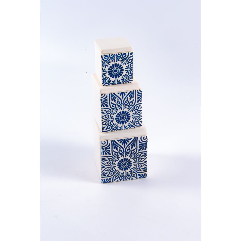 Casa si Gradina - Bucatarie si vesela - Organizare si depozitare bucatarie - Cutii alimentare - Set 3 recipiente tatoo bleu din ceramica pentru condimente/zahar/orez/diverse, realizate manual - Infinity.ro