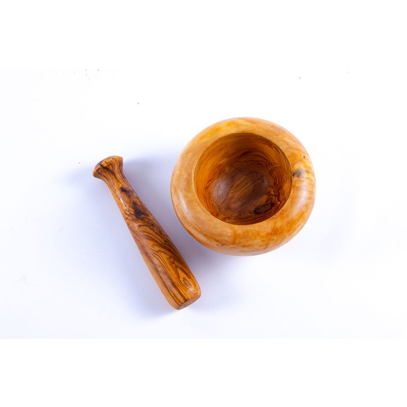 Casa si Gradina - Bucatarie si vesela - Ustensile bucatarie - Prese si storcatoare manuale - Mojar cu pistil din lemn de maslin rotund 10 cm - Infinity.ro