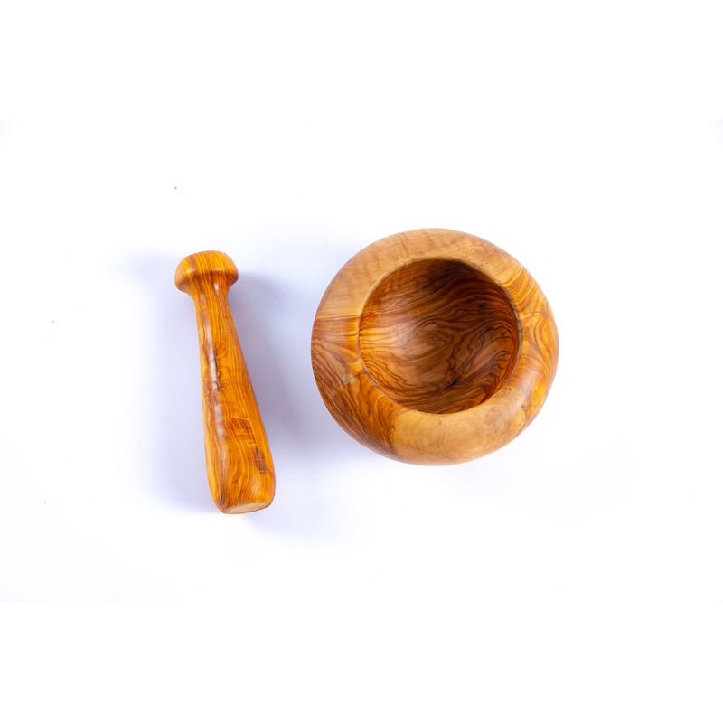 Casa si Gradina - Bucatarie si vesela - Ustensile bucatarie - Prese si storcatoare manuale - Mojar cu pistil din lemn de maslin rotund 10 cm - Infinity.ro