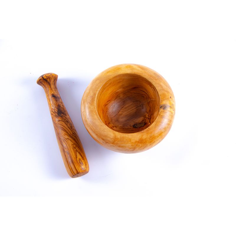 Casa si Gradina - Bucatarie si vesela - Ustensile bucatarie - Prese si storcatoare manuale - Mojar cu pistil din lemn de maslin rotund 10 cm - Infinity.ro