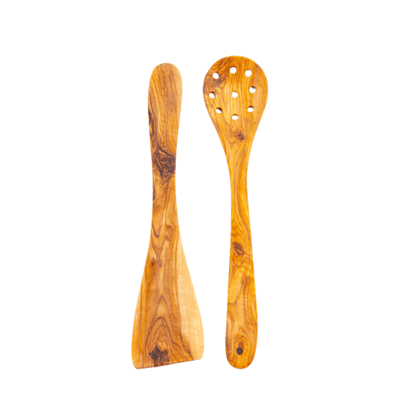 Casa si Gradina - Bucatarie si vesela - Ustensile bucatarie - Seturi ustensile de bucatarie - Set Corsica 2 ustensile spatula si lingura cu gauri din lemn de maslin 30 cm - Infinity.ro