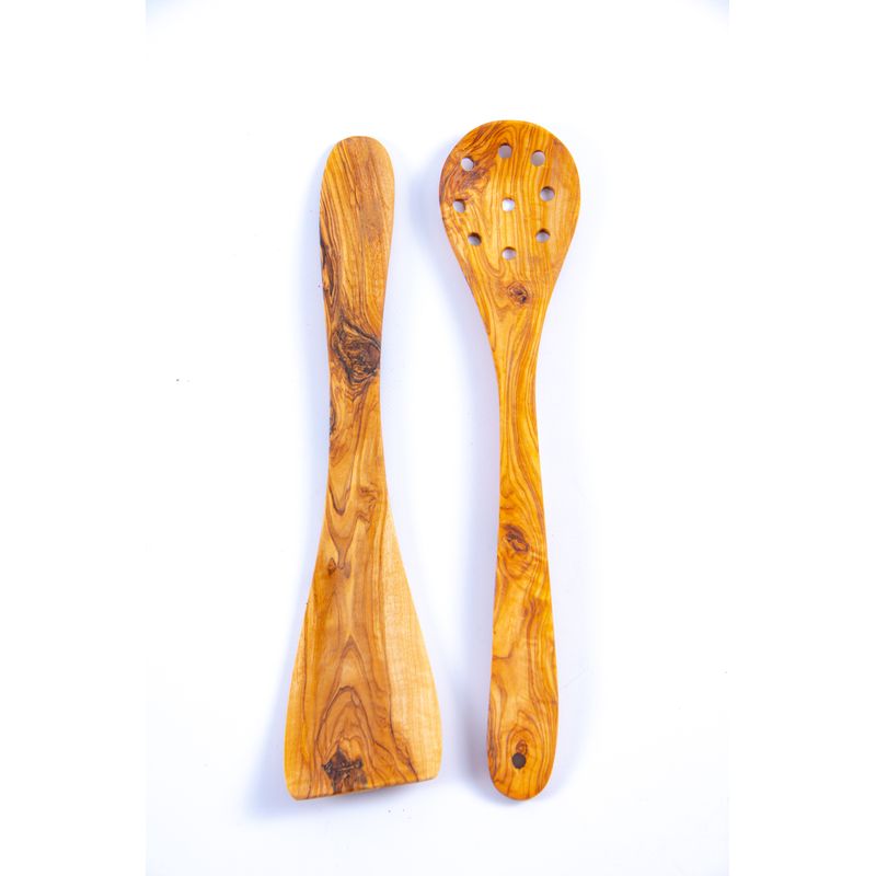 Casa si Gradina - Bucatarie si vesela - Ustensile bucatarie - Seturi ustensile de bucatarie - Set Corsica 2 ustensile spatula si lingura cu gauri din lemn de maslin 30 cm - Infinity.ro