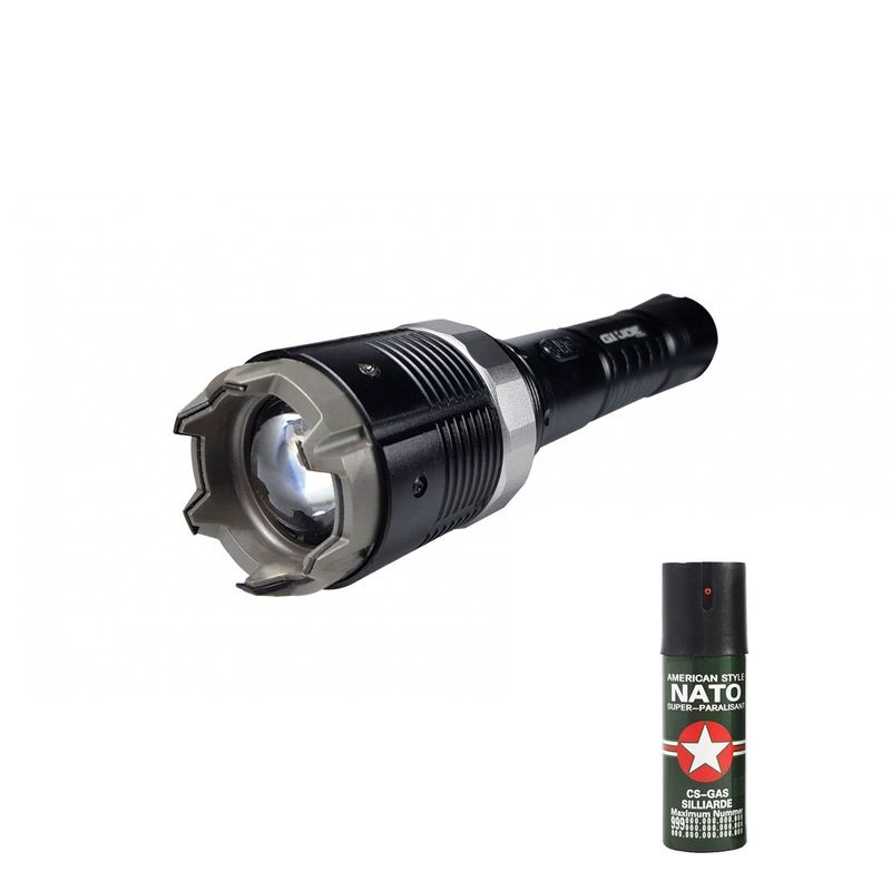 Sport si Outdoor - Sporturi de contact - Produse autoaparare - Kit Electrosoc Metalic cu Lanterna si Reglaj Focusat 8810 si Spray Natto - Infinity.ro