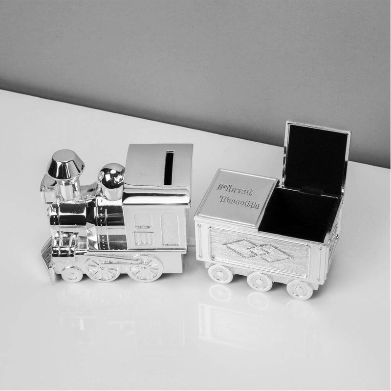 Market - Cadouri - Cadouri personalizate - Trenulet argintat cu pusculita si spatiu pentru suvita si dintisor Bambino by Juliana - Infinity.ro