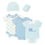 Fashion, accesorii si bijuterii - Copii - Imbracaminte copii - Treninguri si compleuri copii - Set cadou bebe 5 piese bumbac model girafa si elefant 3-6 luni - Infinity.ro