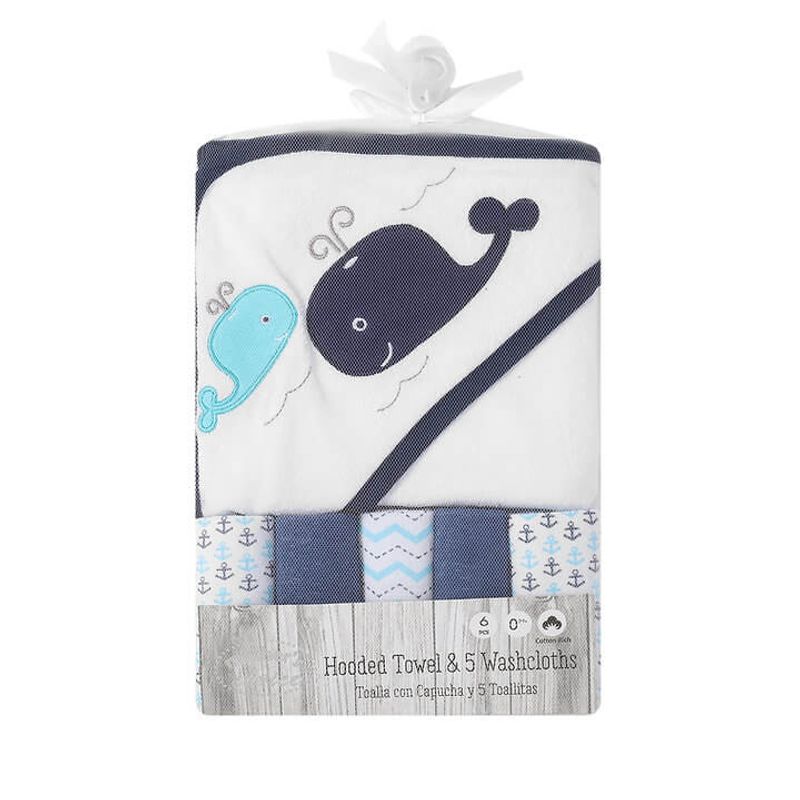 Jucarii, Copii si Bebe - Igiena si ingrijire - Baia bebelusului - Prosoape si halate de baie copii - Set cadou bebelusi cu 5 mini prosopele si prosop de baie cu gluga - model marin - Infinity.ro