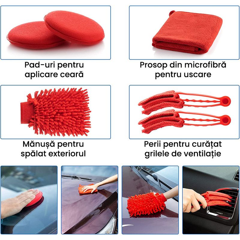 Auto si Moto - Intretinere auto - Produse curatare auto - Set Premium 18 Piese detailing auto, GlowforHome, pensule detaliere, burete aplicator, laveta microfibra, Rosu-negru - Infinity.ro