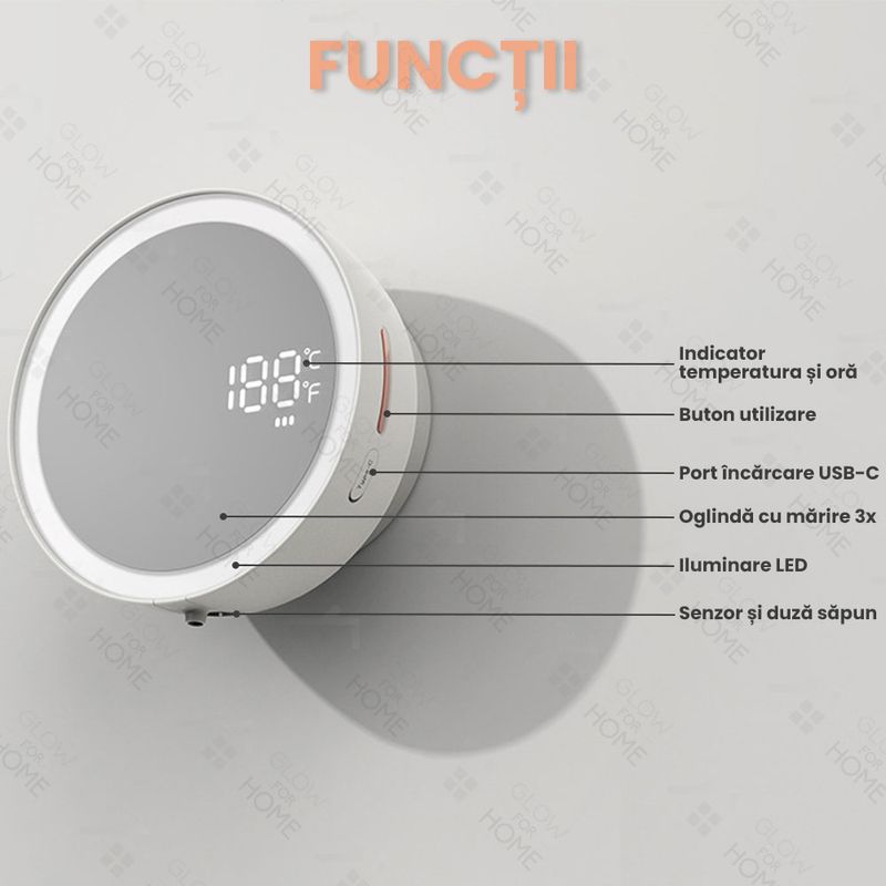 Casa si Gradina - Sanitare - Suporturi si accesorii baie - Dispensere - Dispenser automat pentru sapun lichid cu spuma, oglinda iluminata LED, GlowforHome, Senzor miscare, 1500mAh, USB-C, Alb - Infinity.ro
