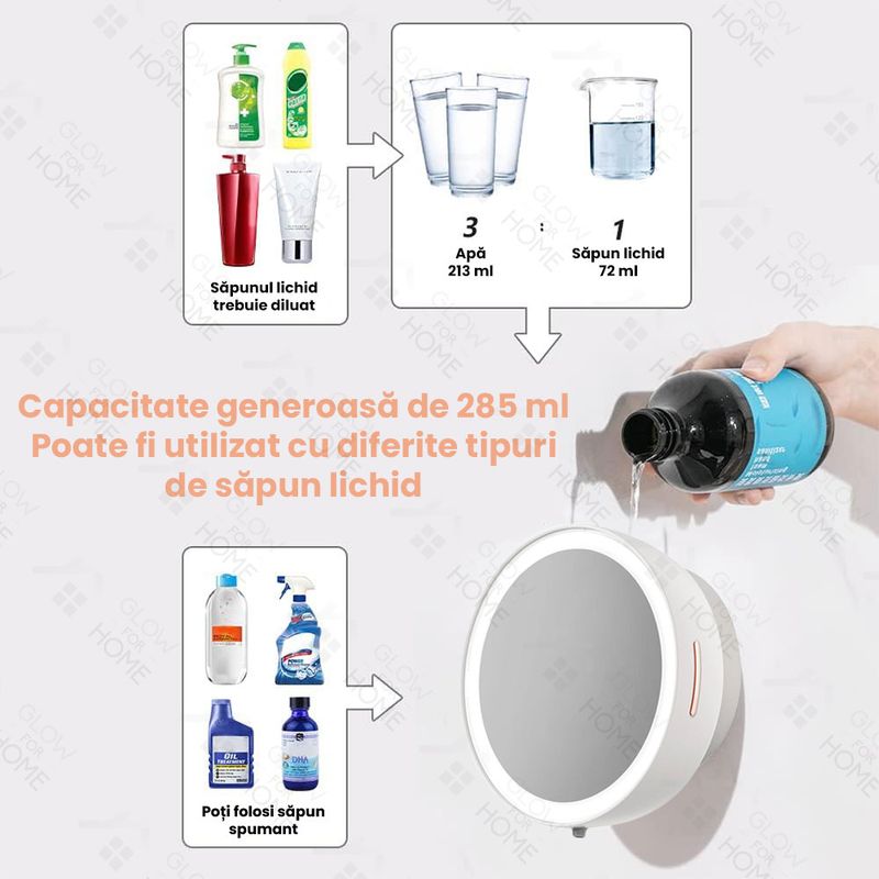Casa si Gradina - Sanitare - Suporturi si accesorii baie - Dispensere - Dispenser automat pentru sapun lichid cu spuma, oglinda iluminata LED, GlowforHome, Senzor miscare, 1500mAh, USB-C, Alb - Infinity.ro
