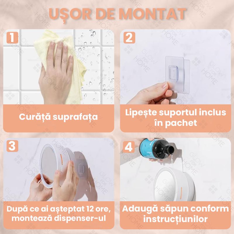 Casa si Gradina - Sanitare - Suporturi si accesorii baie - Dispensere - Dispenser automat pentru sapun lichid cu spuma, oglinda iluminata LED, GlowforHome, Senzor miscare, 1500mAh, USB-C, Alb - Infinity.ro