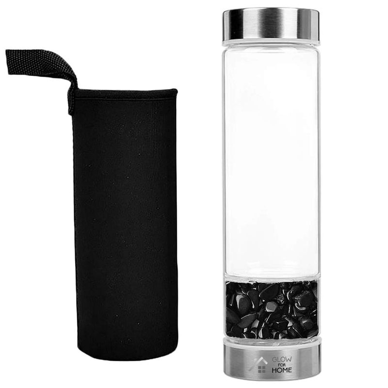 Casa si Gradina - Bucatarie si vesela - Cani si pahare - Sticle - Sticla reutilizabila cu cristale naturale, GlowforHome, capac antiscurgeri, 500 ml, Husa Protectie, Black Obsidian - Infinity.ro